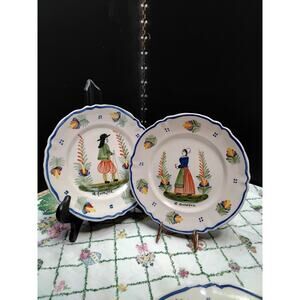 HR Quimper Collectors Plates hand painted from France pair Breton Peasants